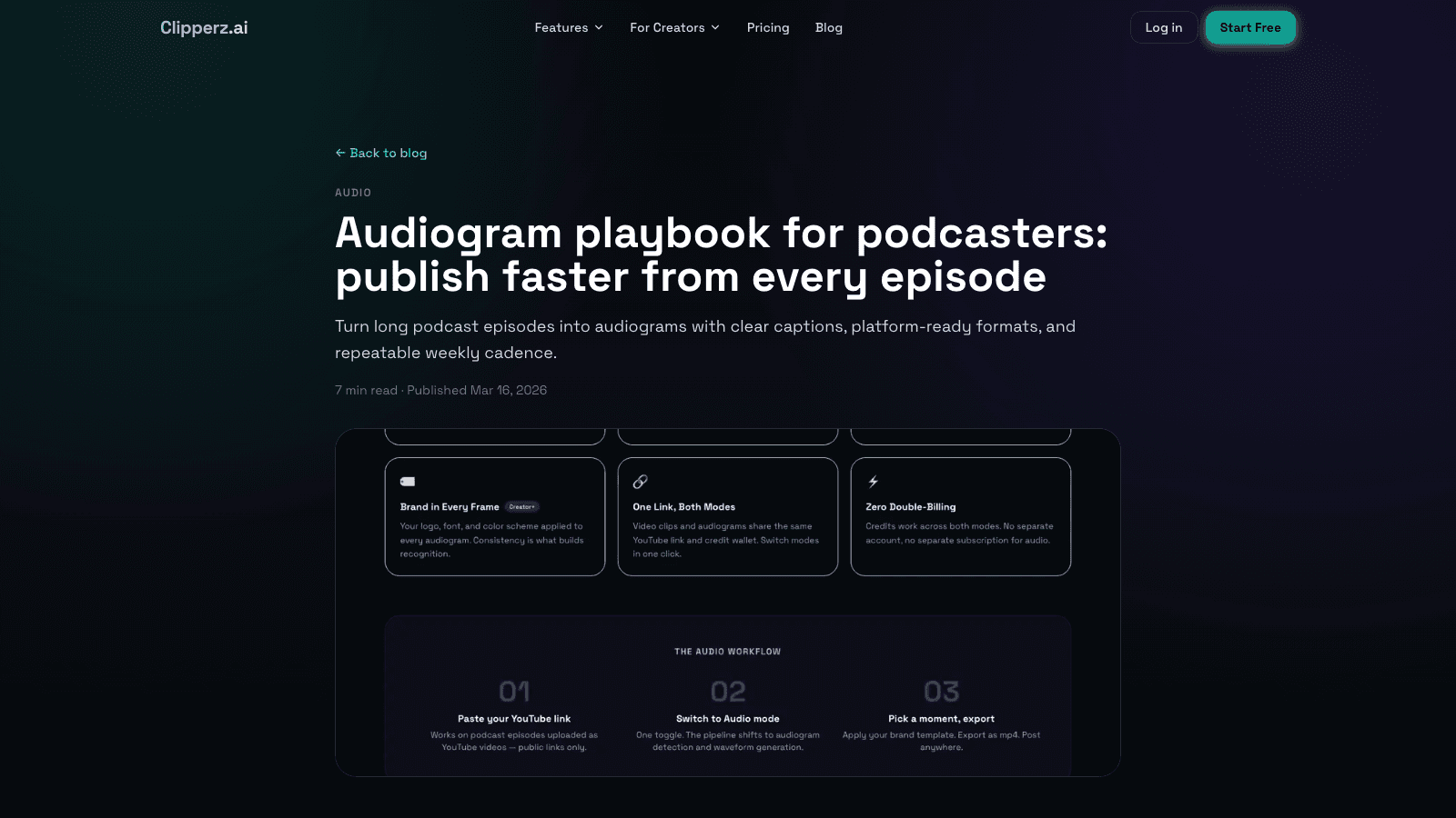 Audio mode workflow in Clipperz.ai with audiogram preview